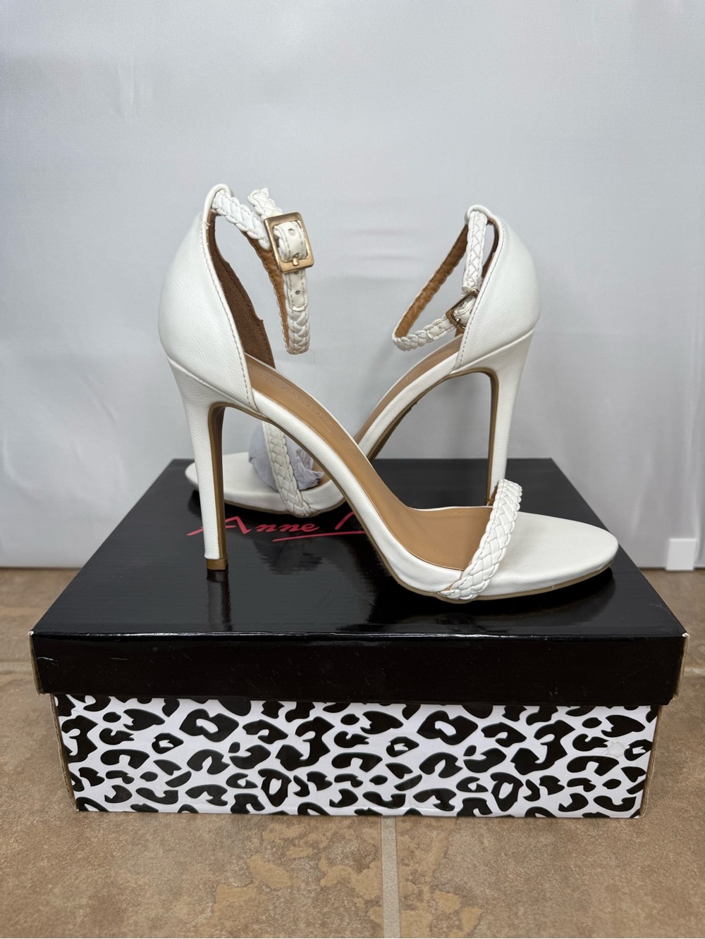 Anne Michelle White Braided-Strap Stiletto Sandals